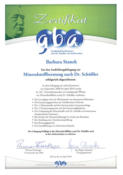 Zertifikat für Mineralstoffberatung nach Dr. Schüssler